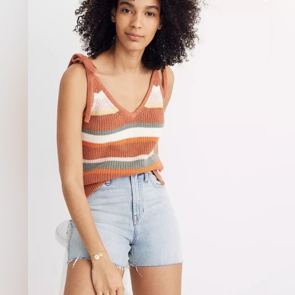 Madewell Grandfield Stripe Tie Strap Sweater Tank SZ L Terra Cotta Green